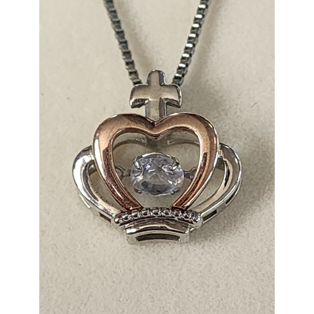APHRODITE'S DAUGHTER Rose Gold Silver Tones Luxe Crown Necklace Free Spinning CZ
